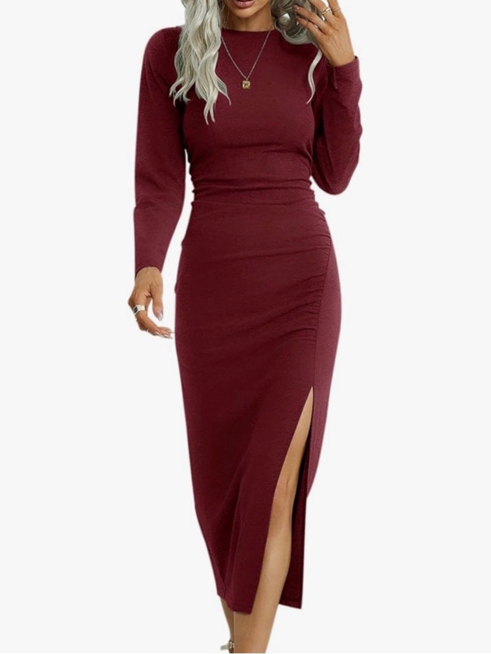 Women's Long Sleeve Burgundy Bodycon Midi Dress with Side Slit